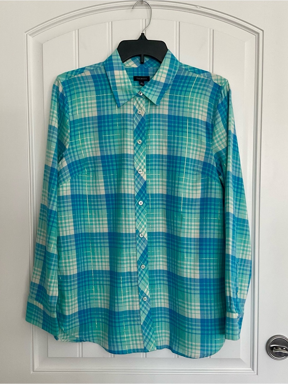 Talbots Women’s Teal & Aqua Plaid Long-Sleeve Button-Down Shirt Size Medium